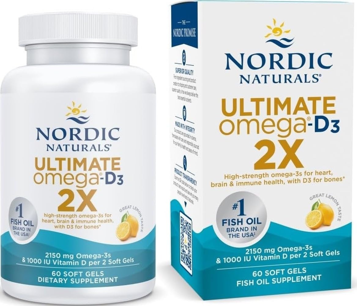 Nordic Naturals Ultimate Omega 2X con vitamina D3, sabor a limón, 60 geles blandos, 2150 mg de omega-3 + 1000 UI D3, aceite de pescado omega-3, EPA