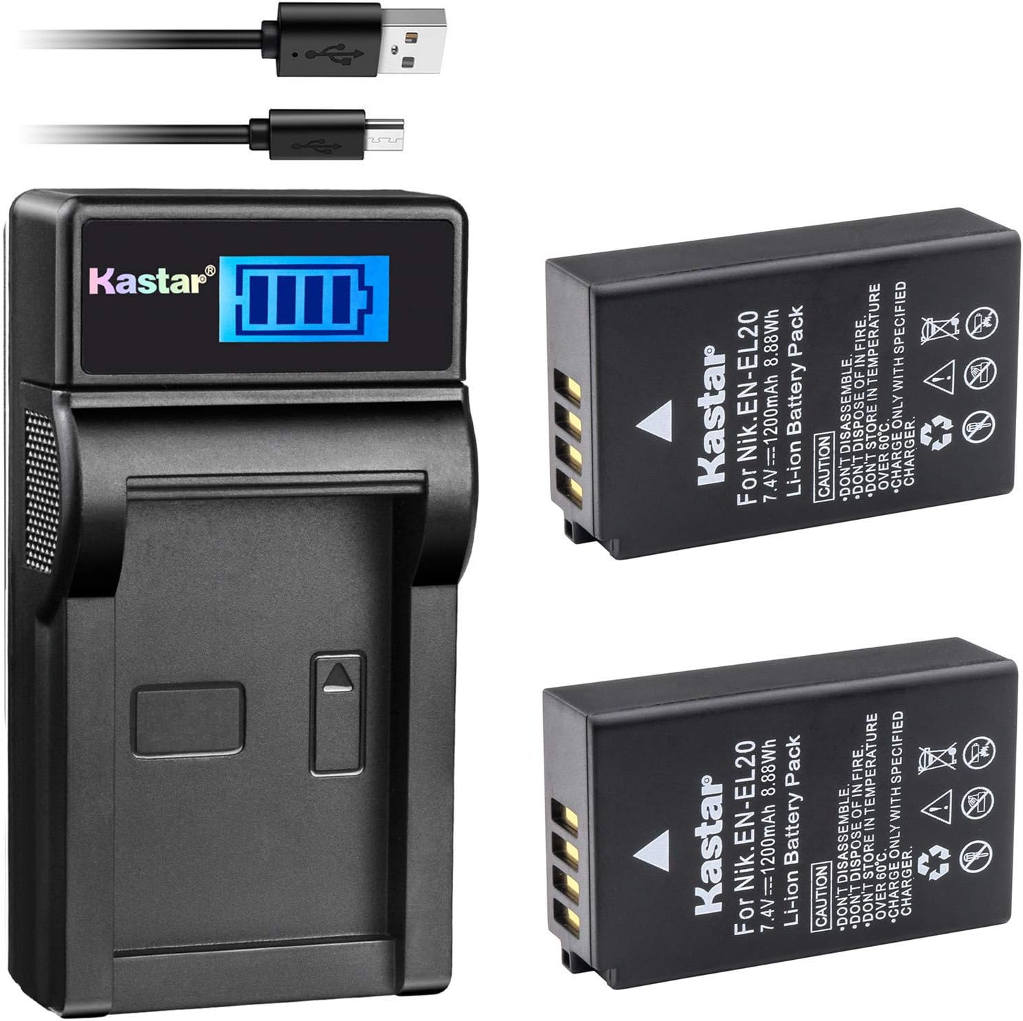 Kastar Batería (X2) y cargador USB delgado LCD para Nikon EN-EL20, ENEL20, EN-EL20a y Nikon Coolpix P950, P1000, Coolpix A, Nikon 1 AW1, 1 J1, 1 J2,