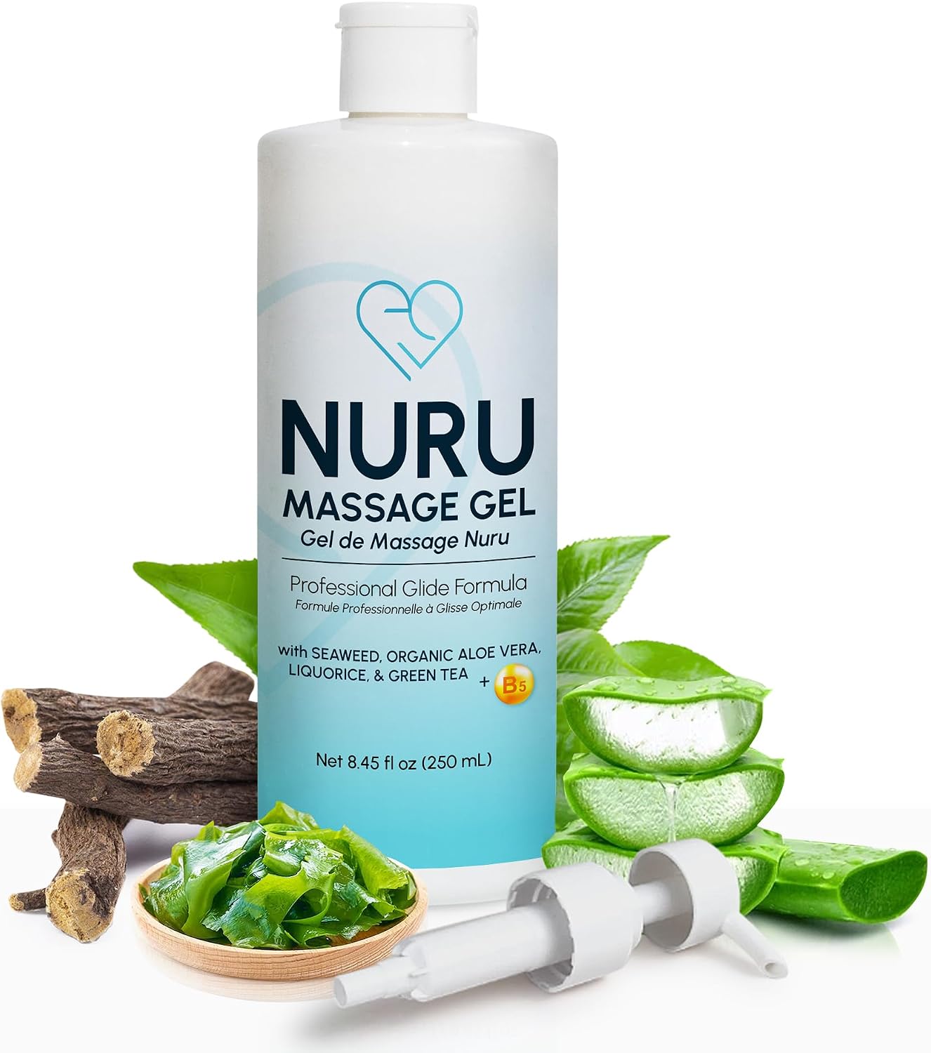 Nuru Gel de masaje (8.45 onzas líquidas) A base de agua Sin parabenos ni glicerina Formulado con algas marinas naturales, té verde, extracto