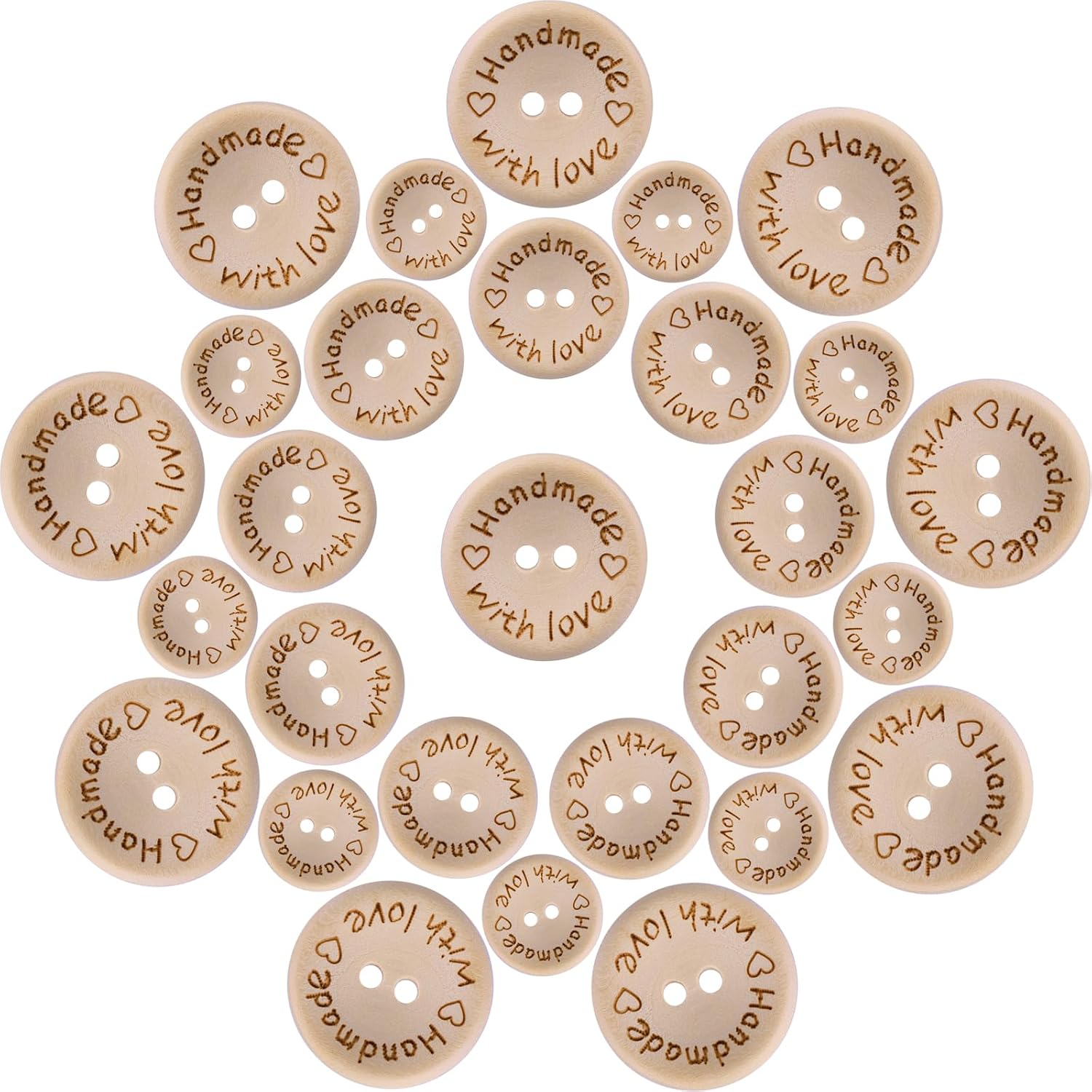 150 piezas de madera hechas a mano con amor redondo decoración artesanal 2 agujeros botones de costura de madera (15-0.787-0.984 in)