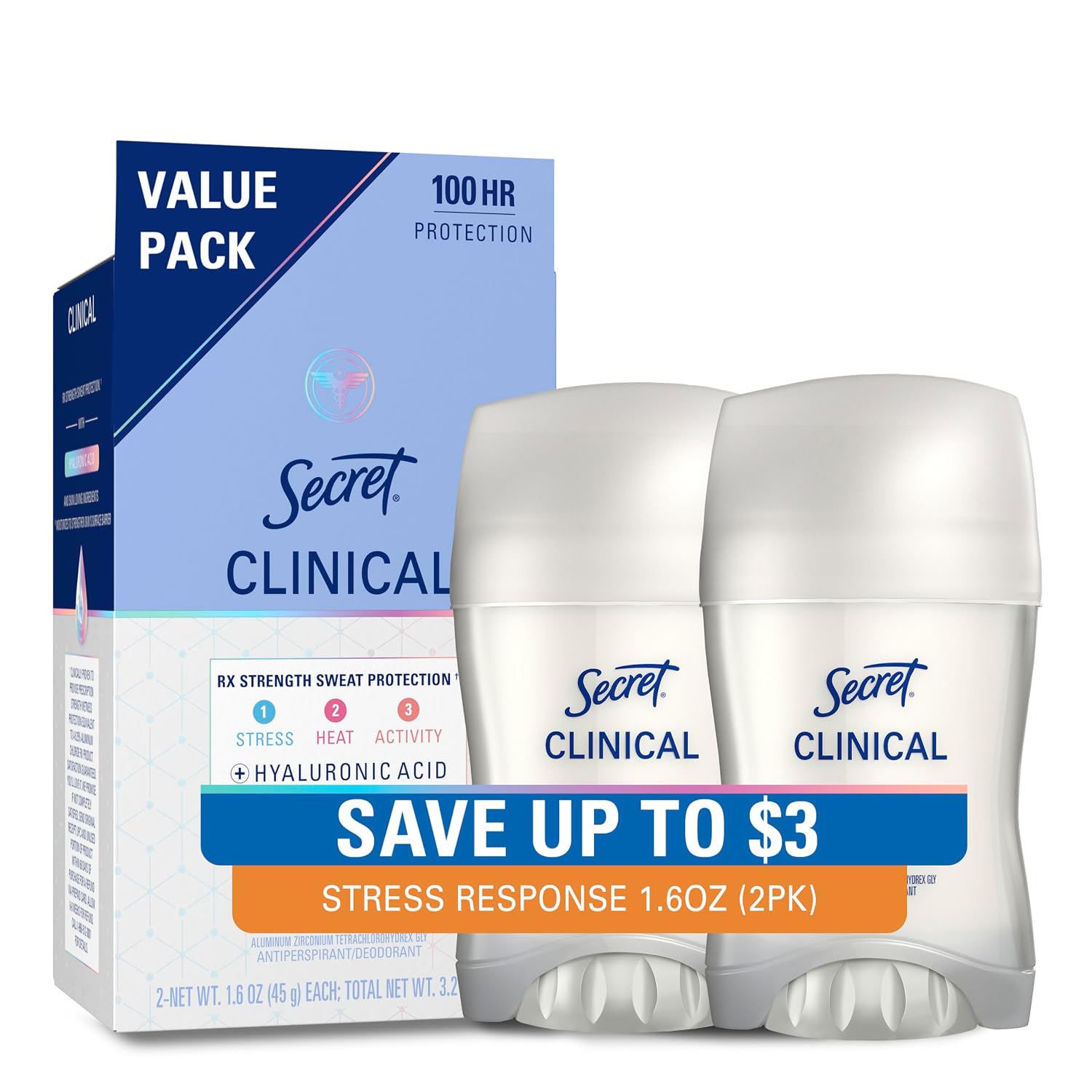Secret Clinical Strength 100HR - Desodorante antitranspirante sólido invisible para mujeres, protección contra el estrés con ácido hialurónico, pH