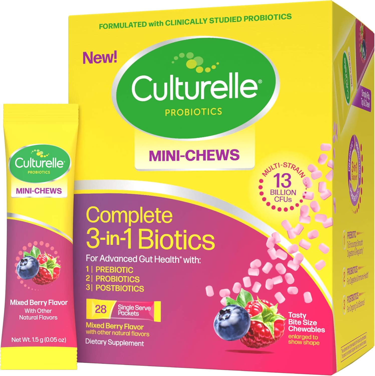 Culturelle Probiótico diario 3 en 1 Biotics Mini-Chews completo, 28