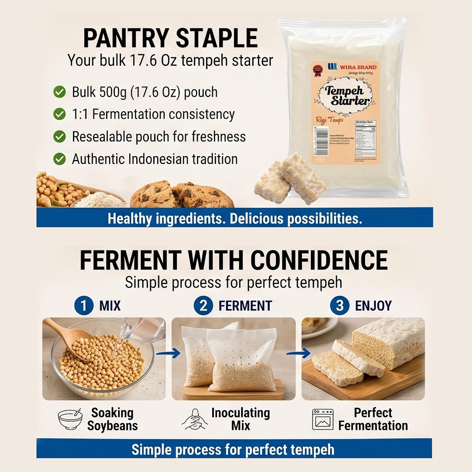 Wira Tempeh - Arrancador con esporas de Rhizopus (Ragi Tempe) 17.50 onzas, Tempeh de Rhizopus Rhizopus Oligosporus con alto contenido de proteínas