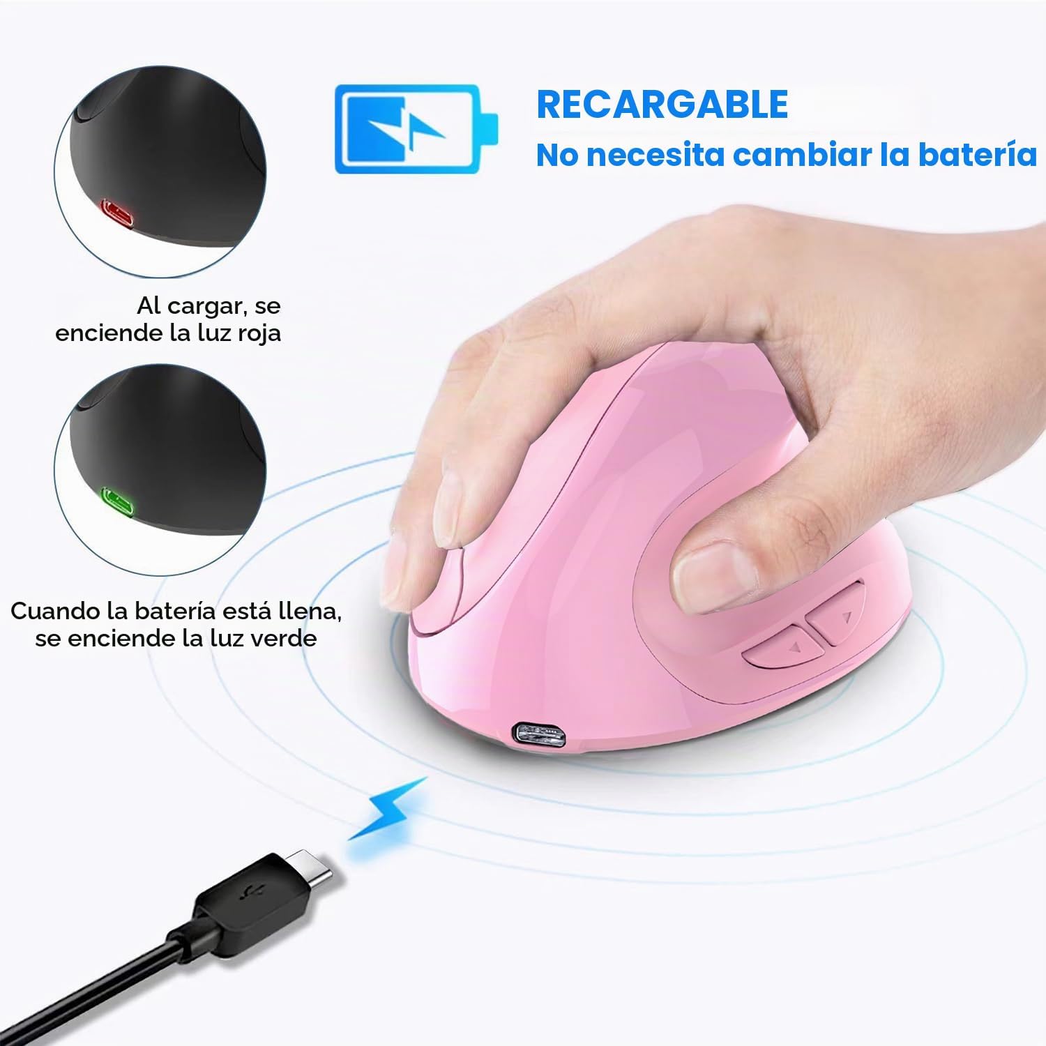 Ratón ergonómico, pequeño mouse vertical recargable con 6 botones ajustables 800/1200/1600 DPI ratón inalámbrico rosa para computadora portátil de