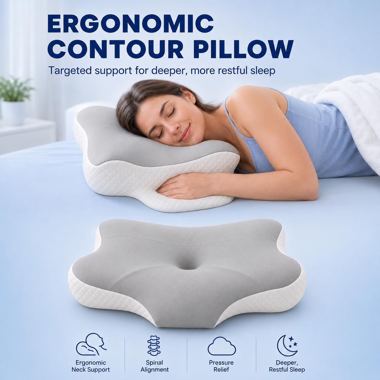 Almohada cervical de mariposa para dormir, almohada ergonómica de contorno de espuma viscoelástica con soporte para cuello y hombros, almohada Blanco
