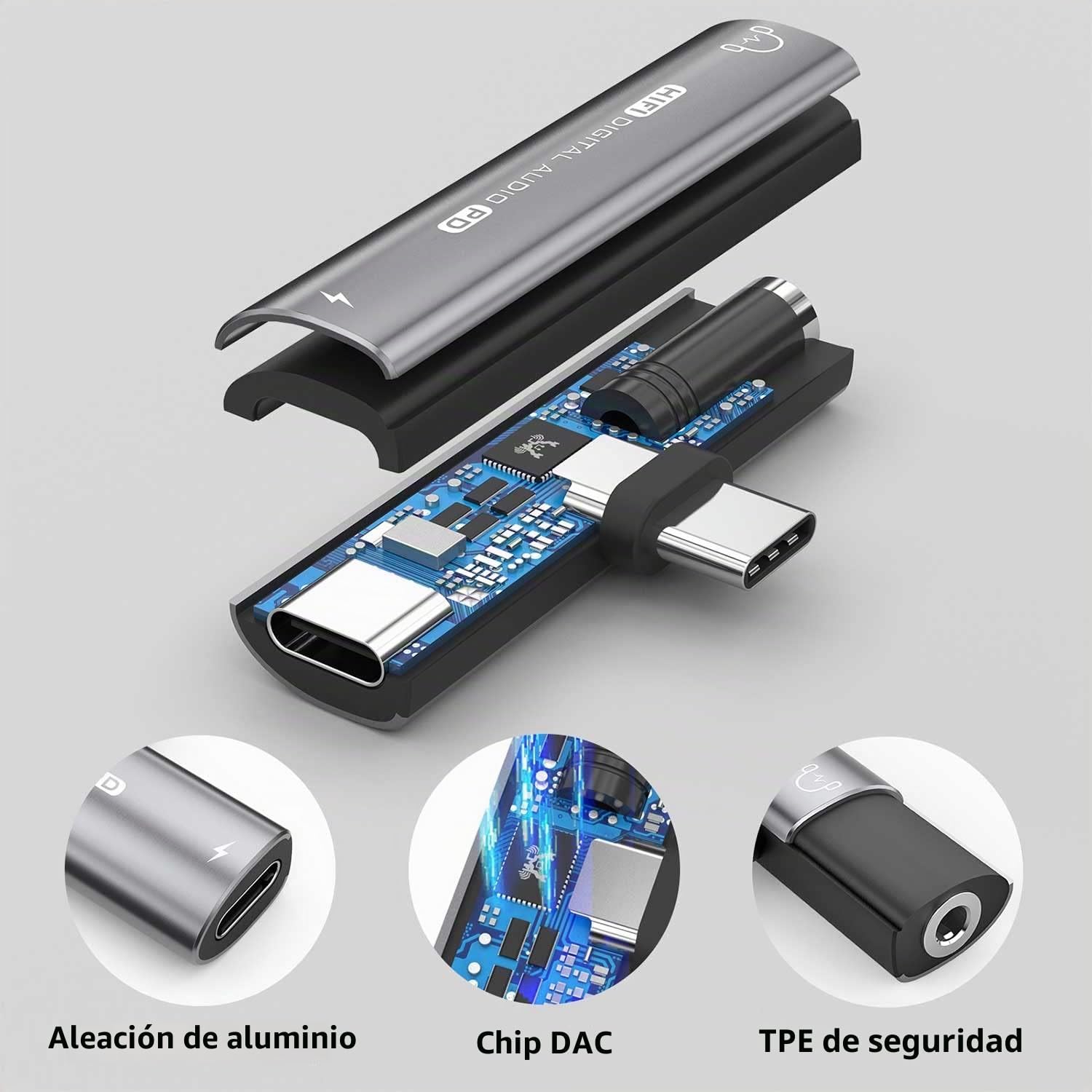 Adaptador de auriculares USB C, adaptador 2 en 1 de USB C a conector de auriculares de 3,5 mm HiFi DAC con adaptador dongle de carga rápida de 27W