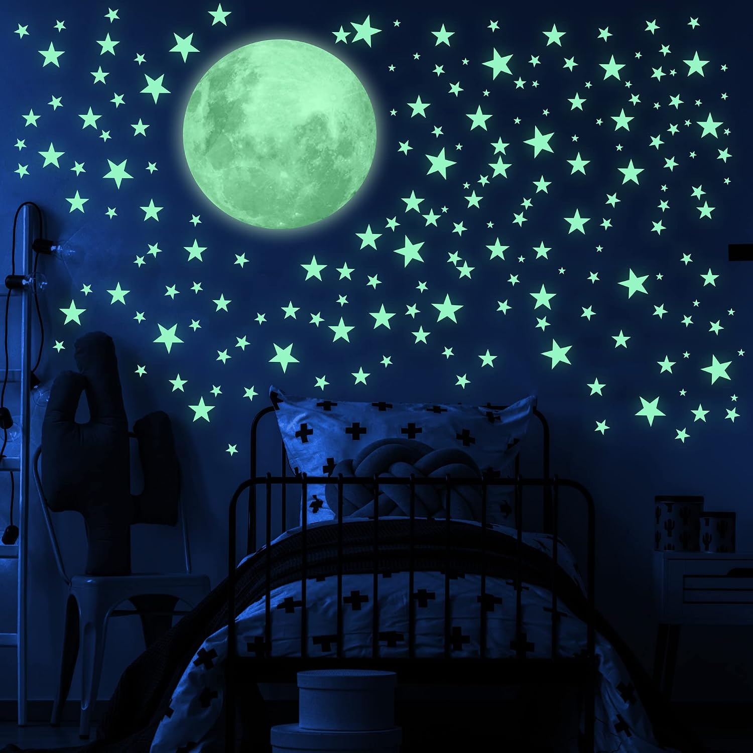 Estrellas y luna que brillan en la oscuridad para techo, calcomanía de pared luminosa, decoración de pared, estrellas fluorescentes adhesivas