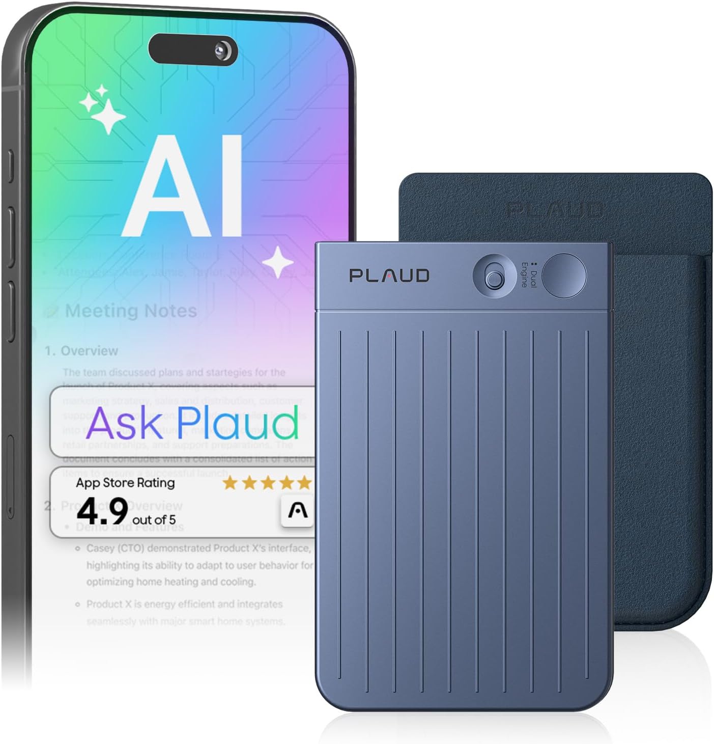 Grabadora de voz AI, grabadora de voz PLAUD Note con funda, control de aplicaciones, transcribir y resumir potenciado por ChatGPT, compatible con 59