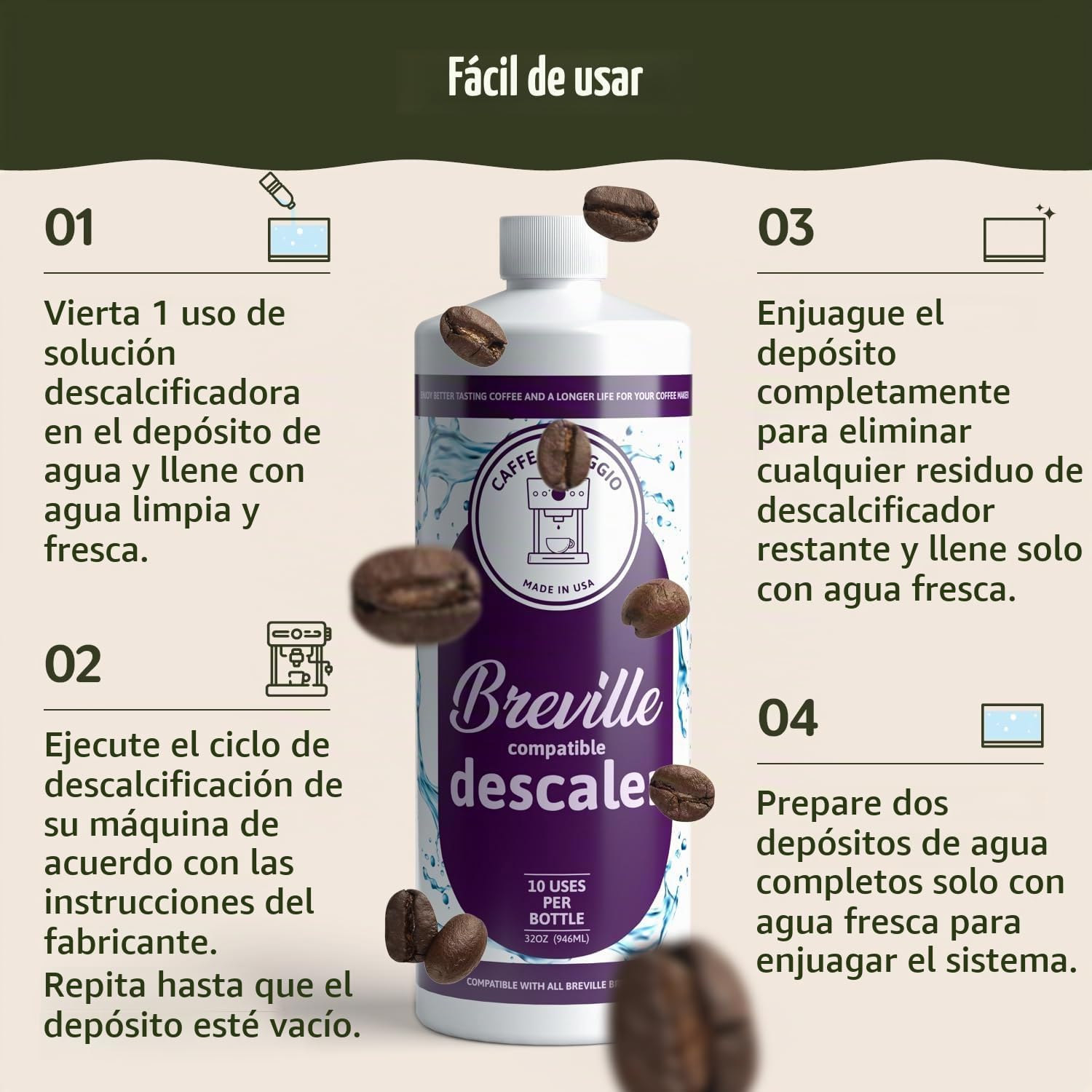 1. Breville - Descalcificador (10 usos) especialmente formulado para descalcificar y limpiar tu máquina de café espresso Breville, kit