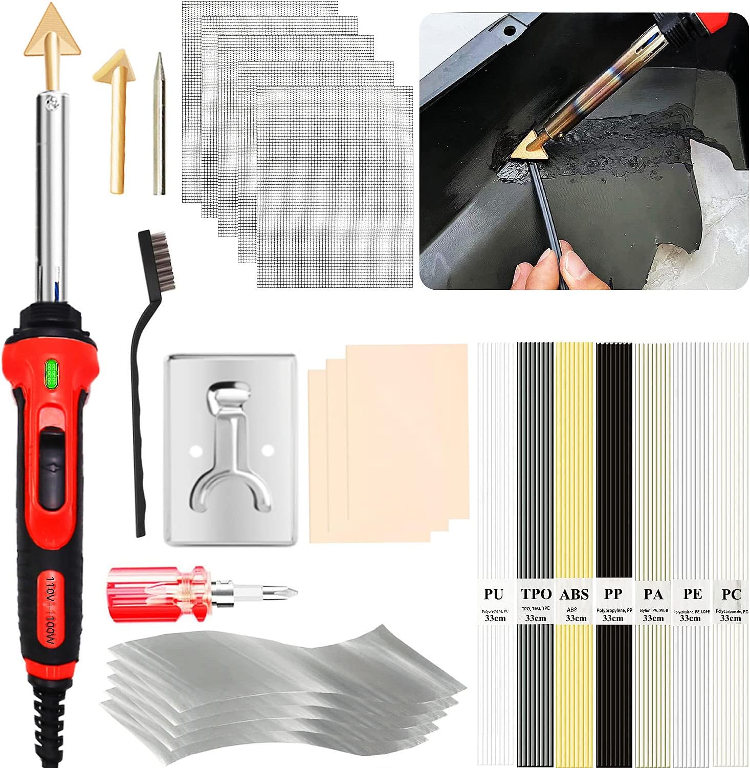 Soldador de plástico de 100W, kit de soldadura de plástico 2 en 1 con puntas de hierro de soldar y 56 varillas, pistola de hierro de soldar